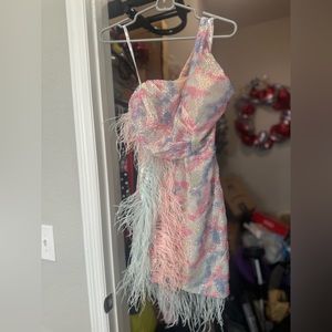 Pink and blue party dress with feathers and sequins